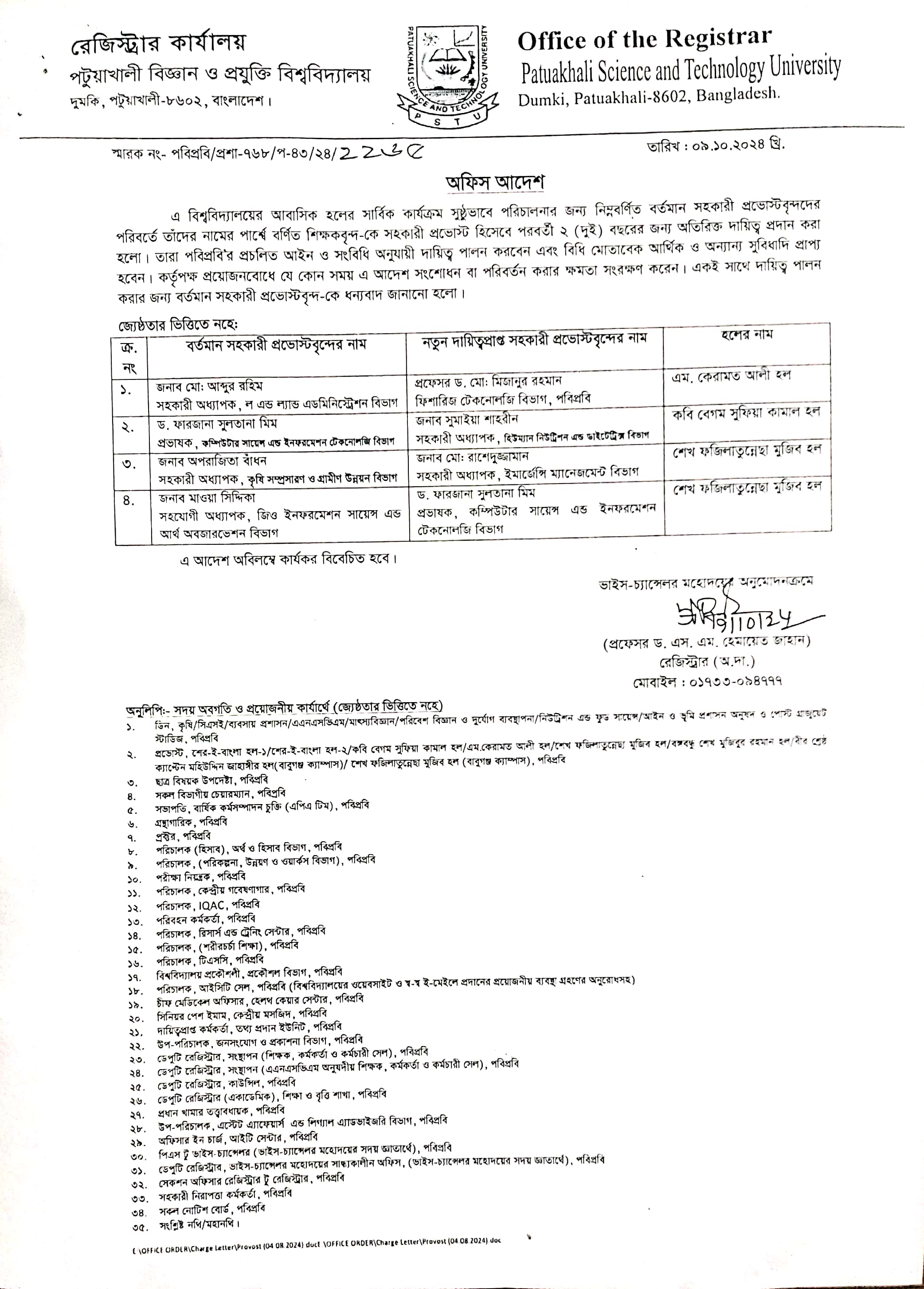 পবিপ্রবি’র সহকারী প্রভোস্ট এর দায়িত্ব প্রদান সংক্রান্ত অফিস আদেশ